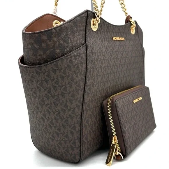 Michael Kors Large Jet Set Travel Chain Shoulder Bag & Double Zip Wallet Brown